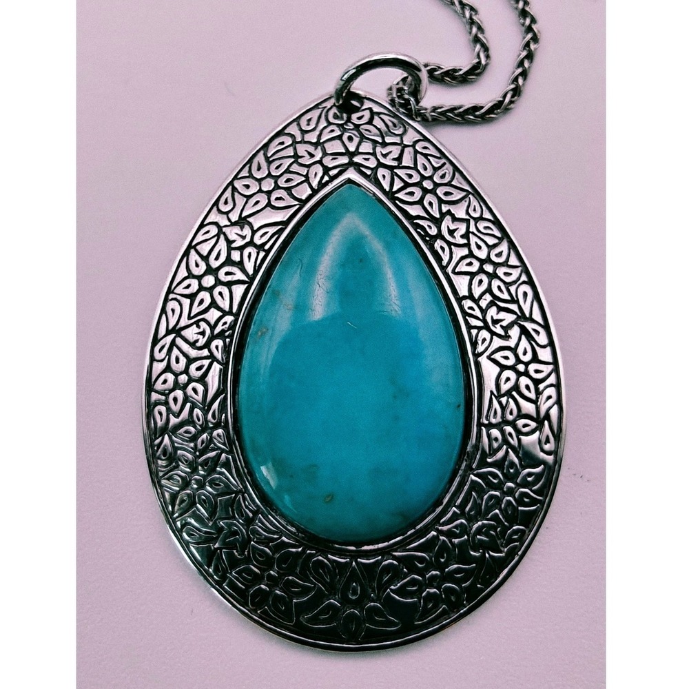 925 Sterling Silver Turquoise Teardrop Pendant Necklace Floral Etched 18 Inch